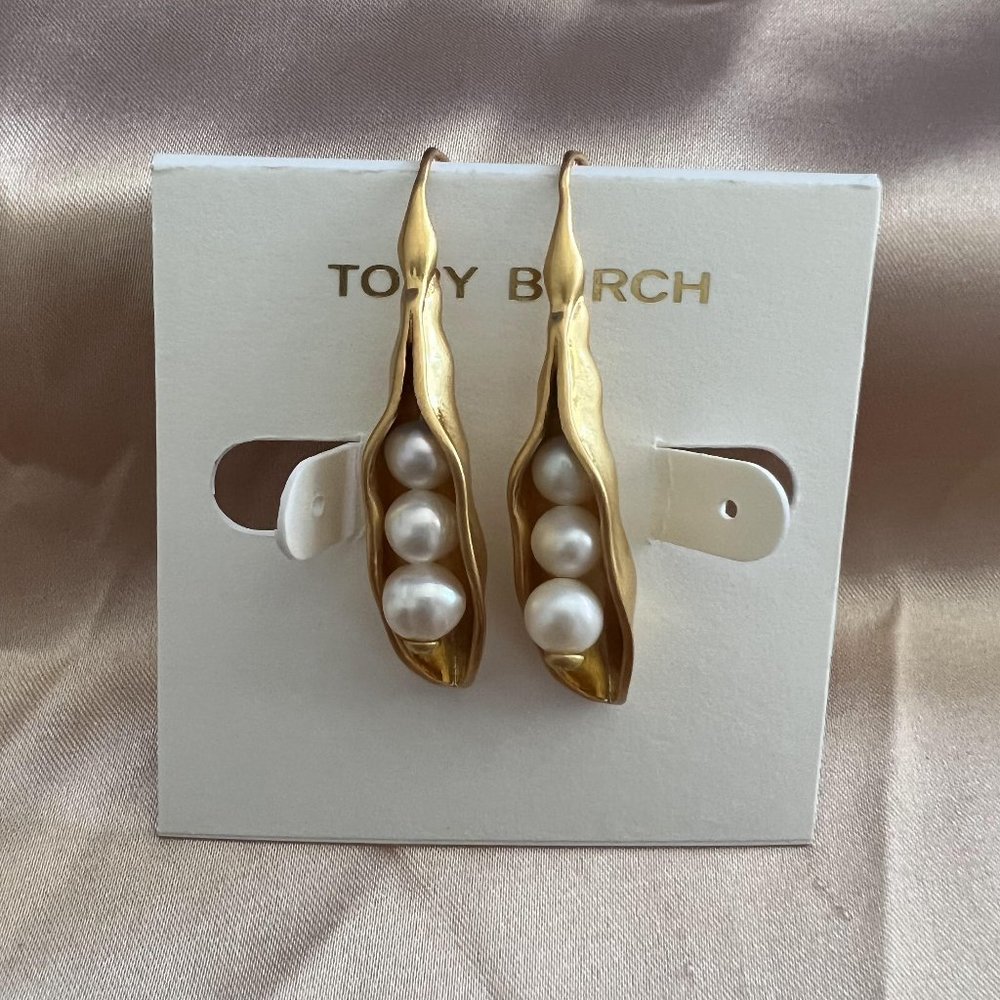 Tory Burch Gold Pea Pod White Pearl Drop Earrings